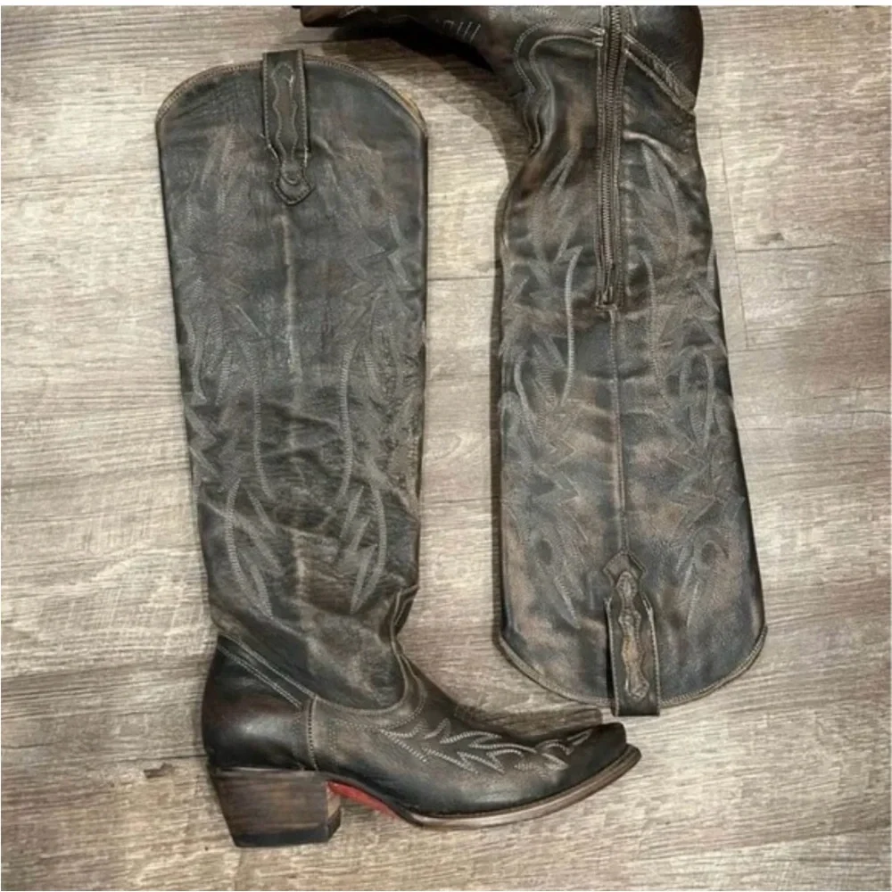 Freebird by Steven Olive Green Embroidered Leather Knee-High Heeled Boots - Picture 2 of 4